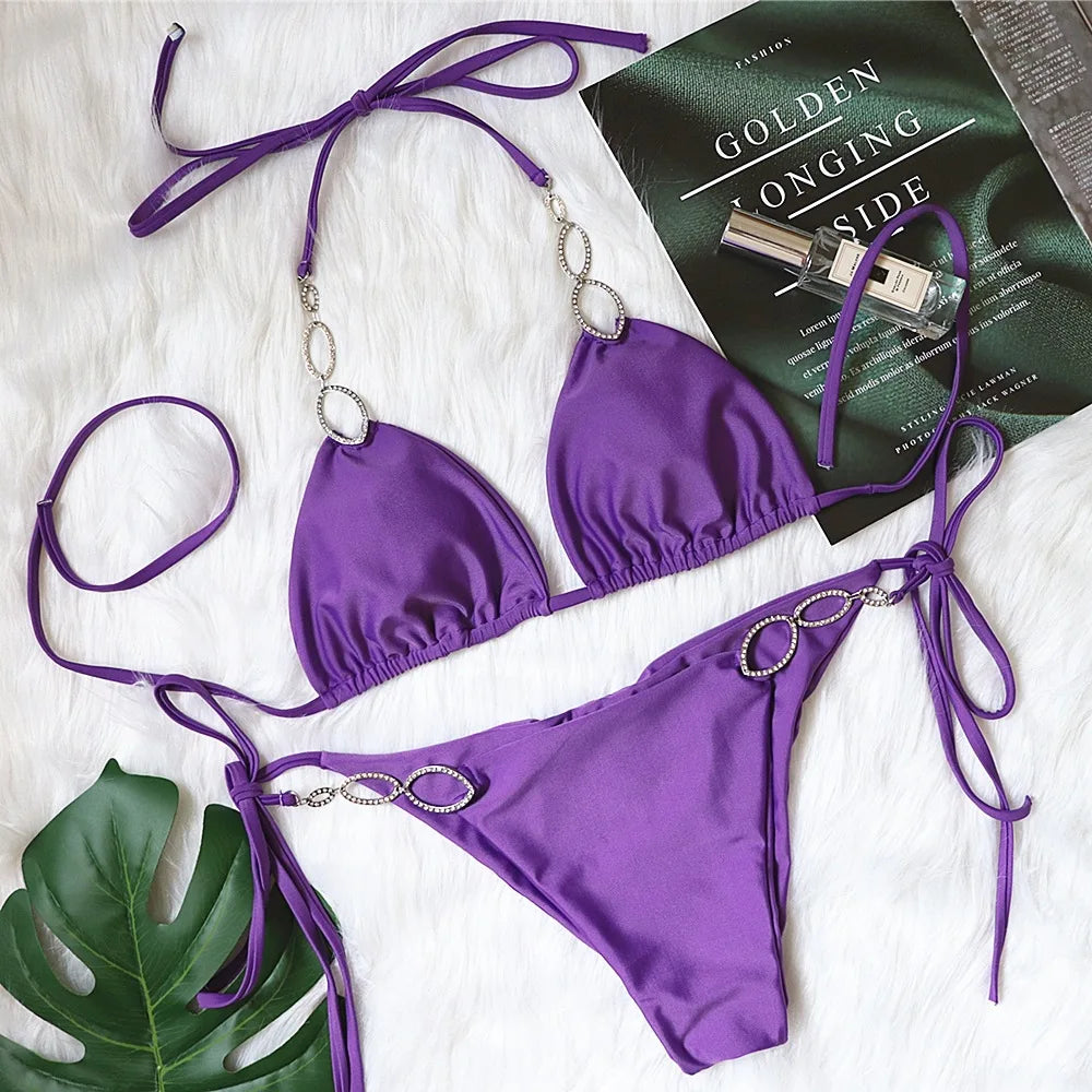 Bikini 2024 Diamond Swimsuit Crystal Women Swimwear Nude Bikinis Brazilian Rhinestone Beachwear push up Bikini Bandage Biquini