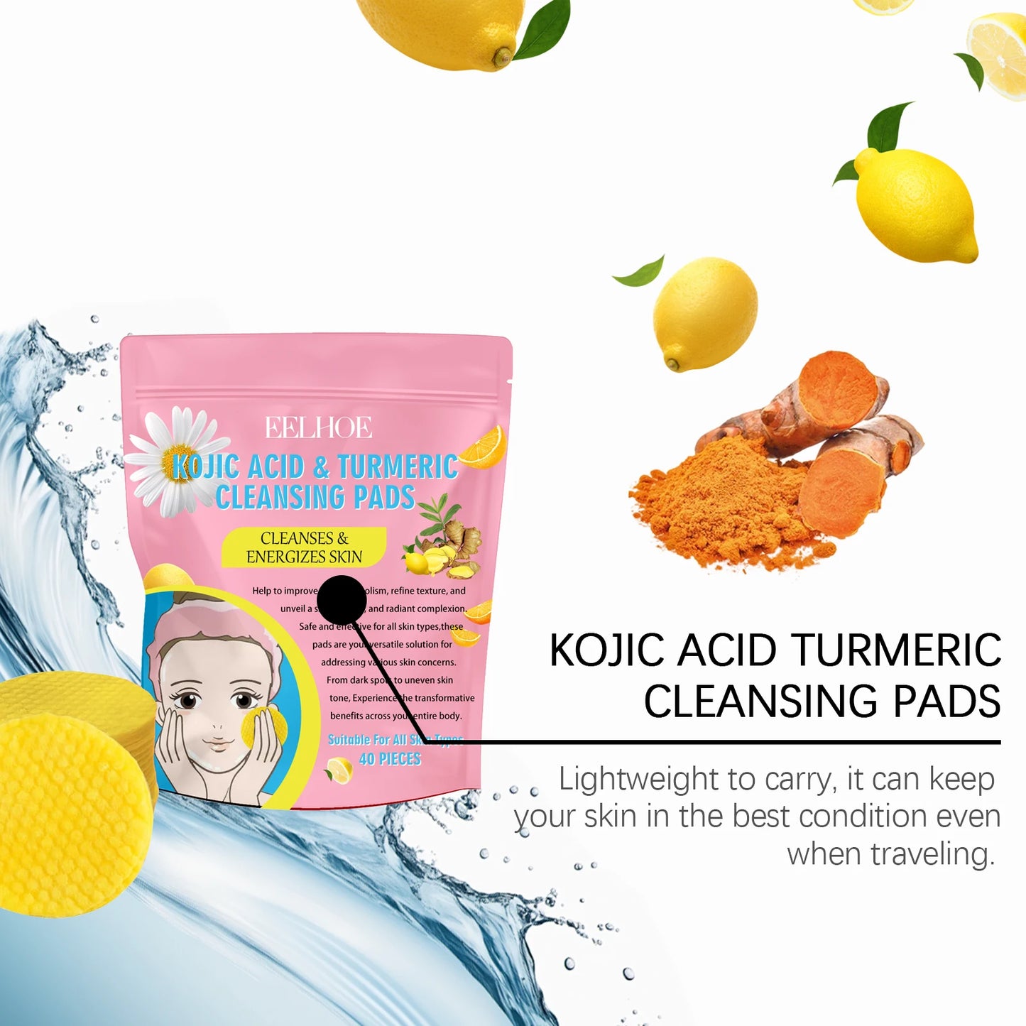 Pure Plus Turmeric & Kojic Acid Cleansing Pads - Gentle Exfoliation & Brightening