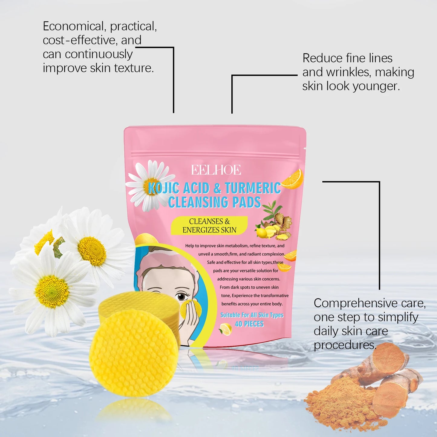 Pure Plus Turmeric & Kojic Acid Cleansing Pads - Gentle Exfoliation & Brightening